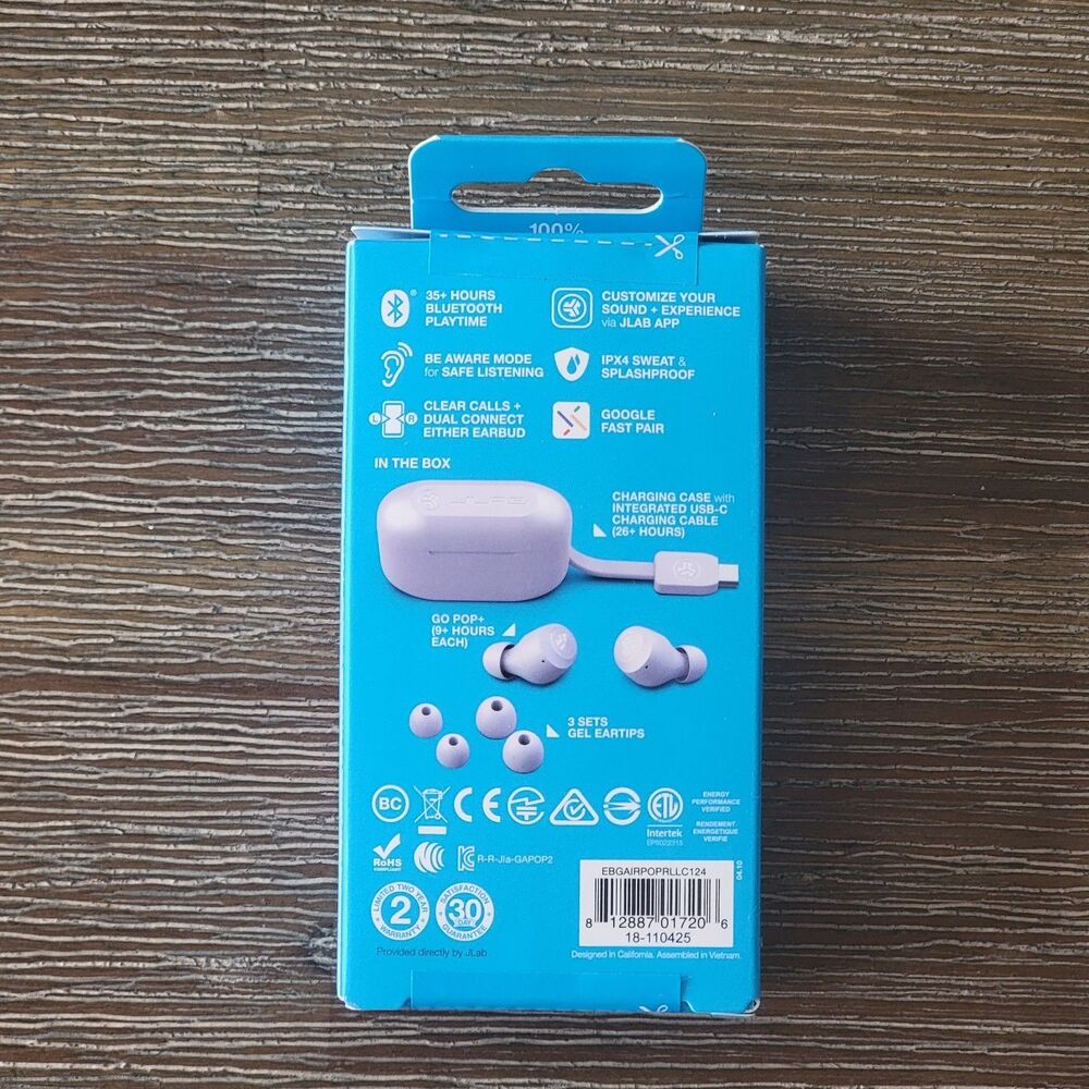 JLab GO POP+ True Wireless Earbuds Lilac Bluetooth 35+ HRS IPX4 USB C Cable New - Picture 2 of 2